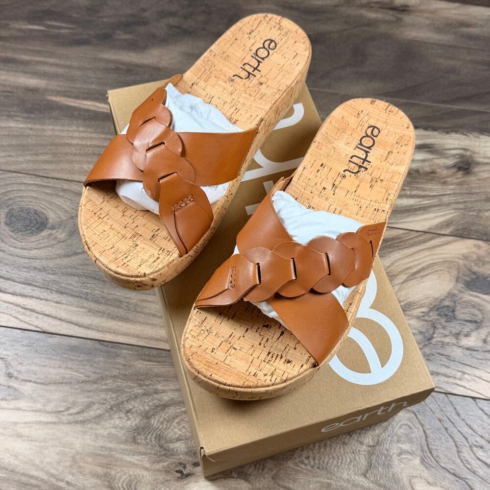 NIB Earth Scotti 8.5M Wedge Platform Comfort Leather Slide Sandals Dark Natural - Picture 9 of 12